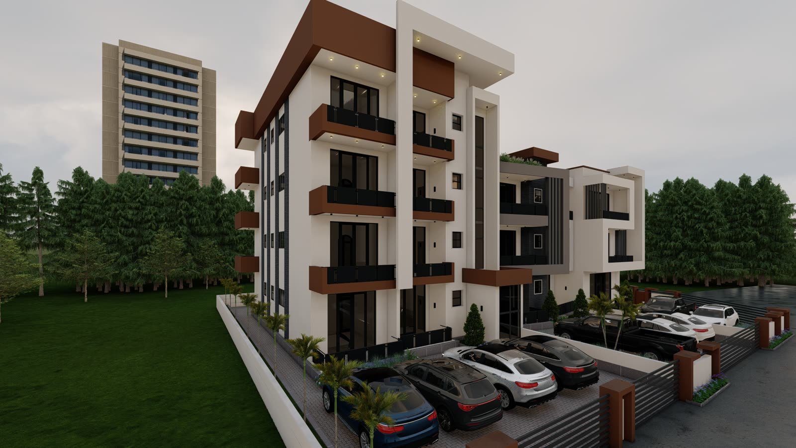 3D design rendering of a modern four-storey apartment building with balconies and car parking