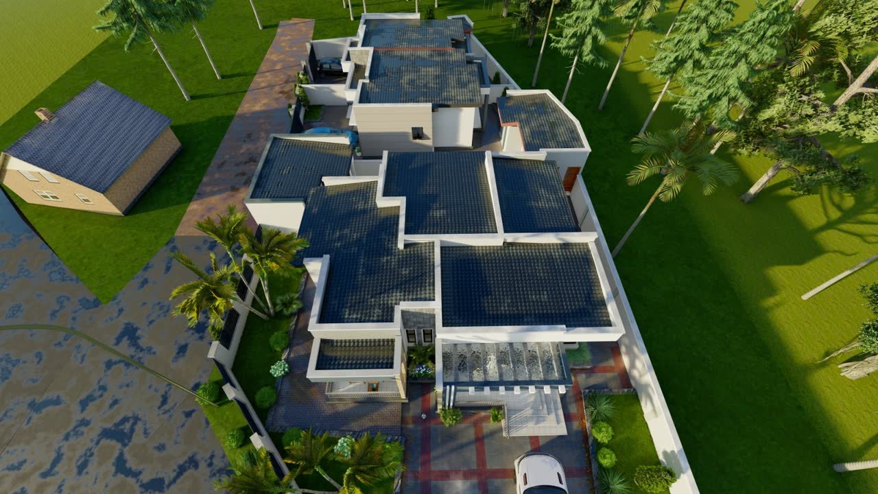 3D design concept aerial rendering of the residence roof and site layout
