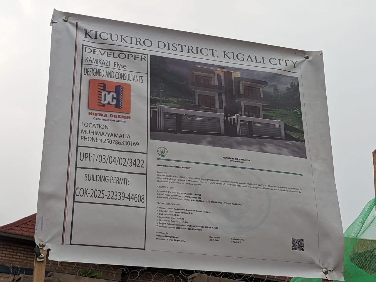 Approved Rwanda building permit listing Hirwa Design Construction Group as design consultant, Kicukiro District, Kigali City