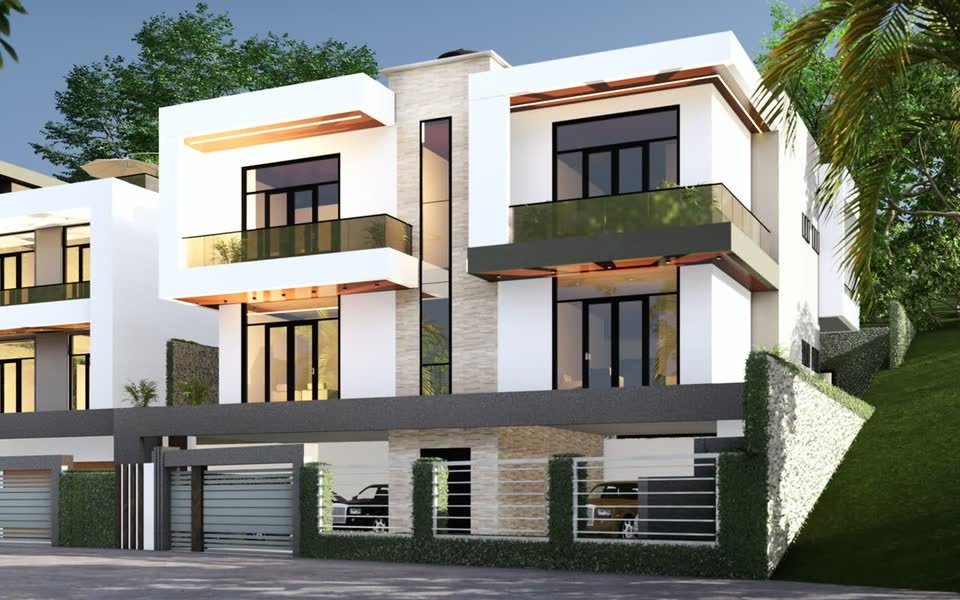 3D design rendering of a three-storey twin house on a sloped plot