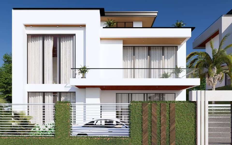 3D design rendering of a modern two-storey residence