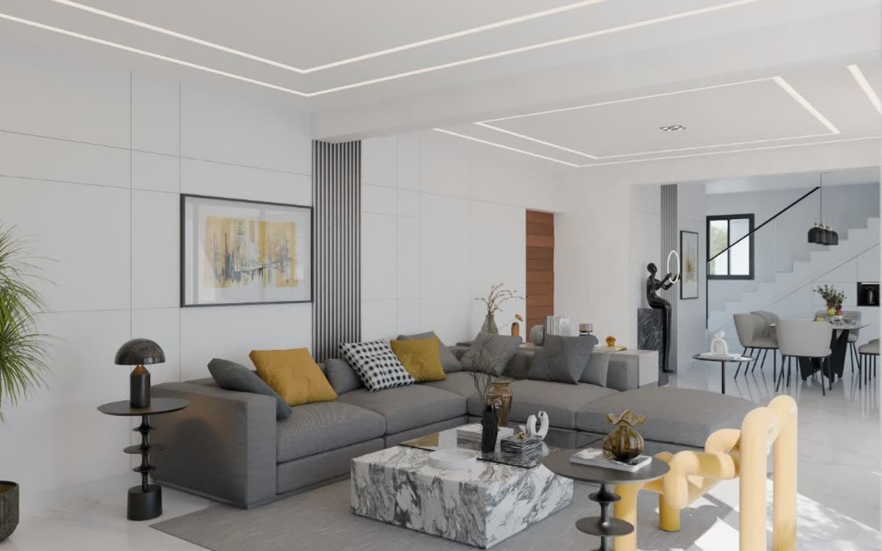 Interior design rendering of a modern living room