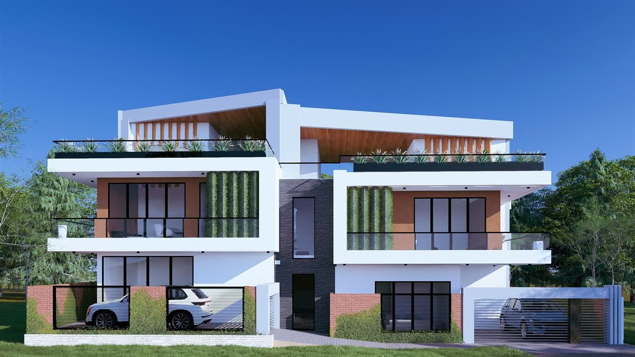 3D design concept rendering of a semi-detached twin house